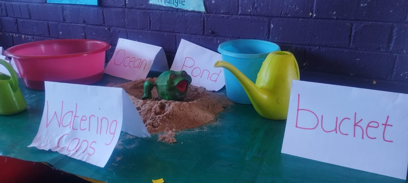 A sensory play table exploring ocean, pond, watering cans and buckets